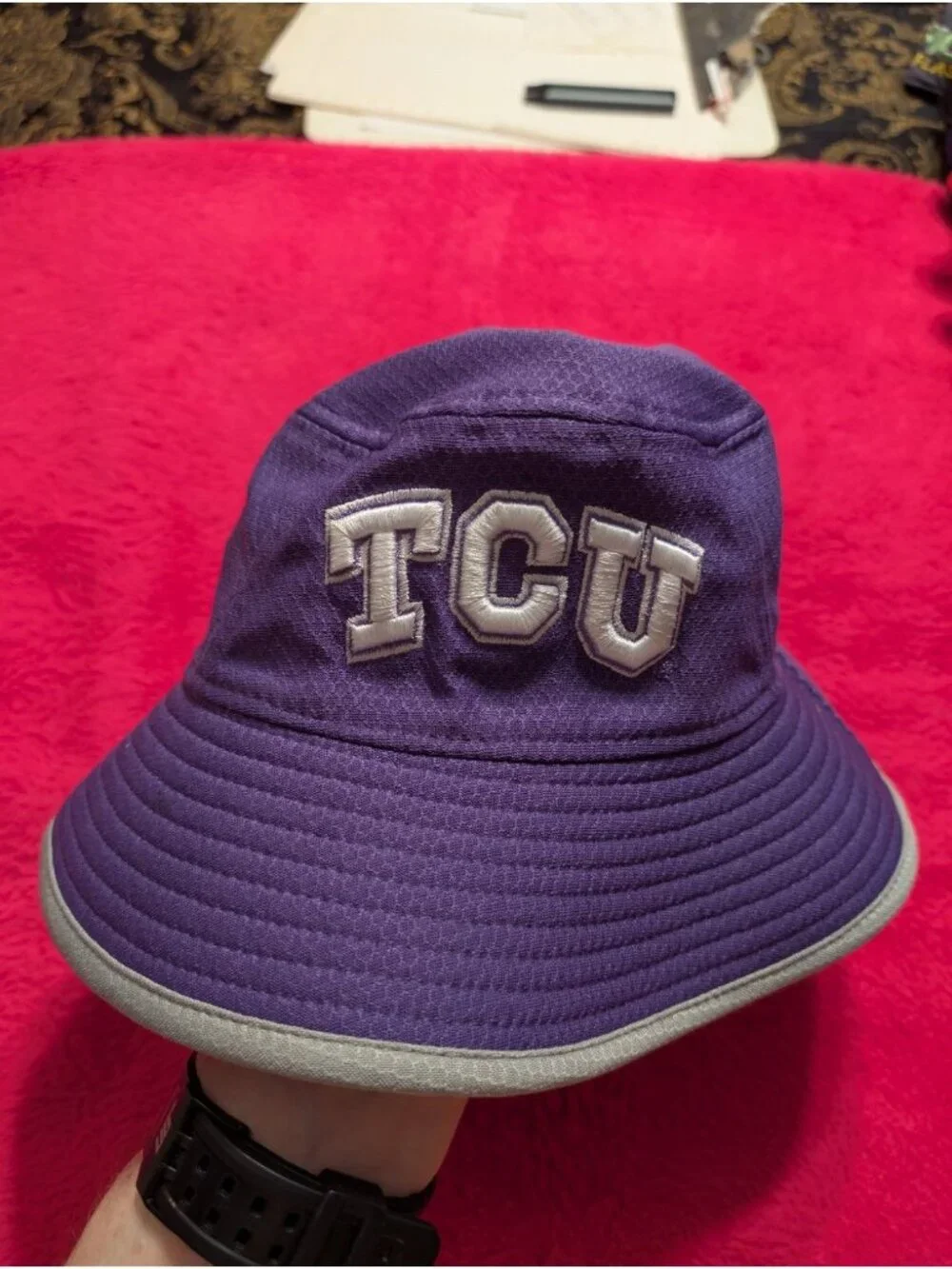 New Era TCU Horned Frogs Bucket Hat Purple Grey Performance Gameday Cap Hole